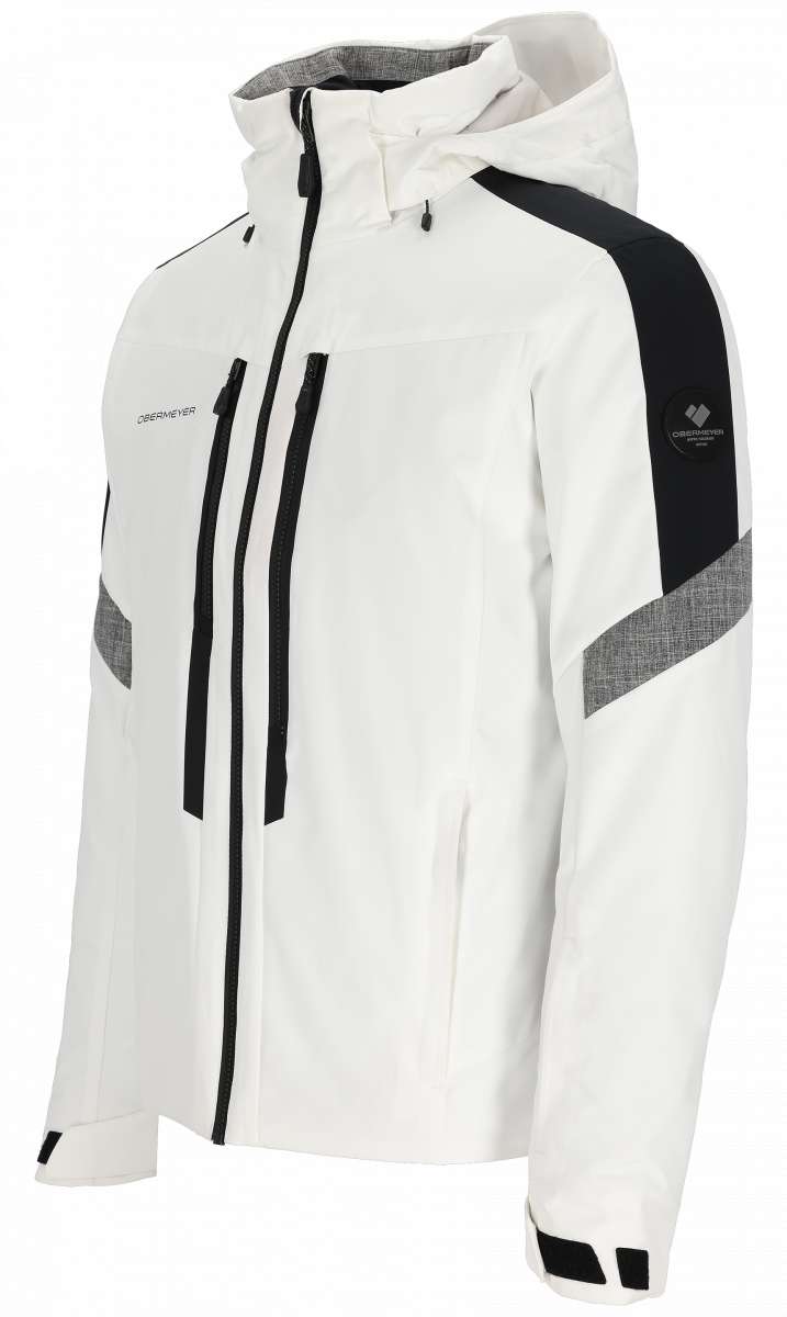 Obermeyer Fall Line Insulated Jacket Tall 2024 - A white jacket with black zippers and a hood, featuring gray accents on the shoulders and chest.