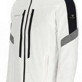 Obermeyer Fall Line Insulated Jacket Tall 2024 - A white jacket with black zippers and a hood, featuring gray accents on the shoulders and chest.