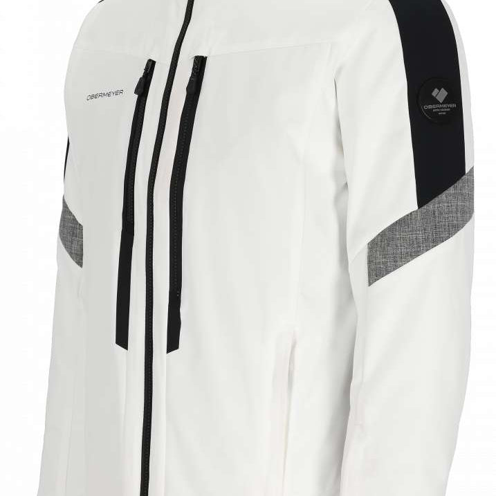 Obermeyer Fall Line Insulated Jacket Tall 2024 - A white jacket with black zippers and a hood, featuring gray accents on the shoulders and chest.