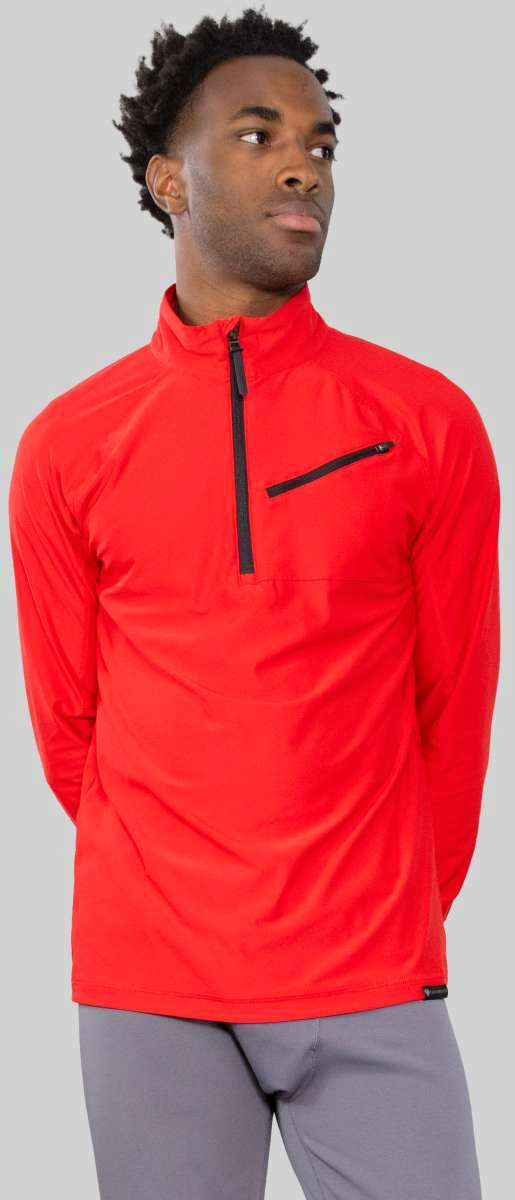 Obermeyer Flex 1/4 Zip T-Neck 2023 - A red zip-up sweater with a high collar and two black zipper pulls on the chest.