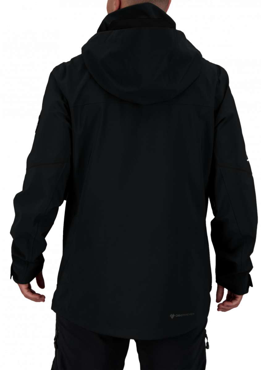 Obermeyer Foraker Shell Tall Jacket 2022 - A black jacket with a hood, featuring a zippered front and two side pockets.