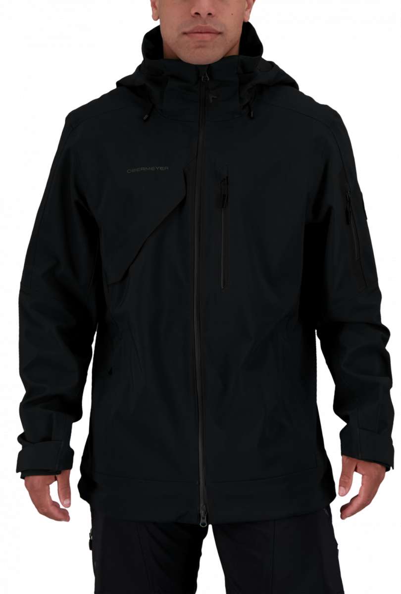 Obermeyer Foraker Shell Tall Jacket 2022 - A black jacket with a hood, featuring a zippered front and two side pockets.