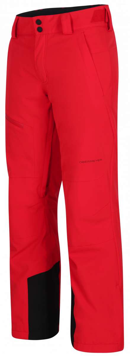 Obermeyer Force Insulated Pant Short 2024 - A pair of red insulated ski pants with two black buttons on the waistband.