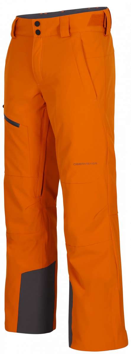 Obermeyer Force Insulated Pants 2024 - A pair of orange insulated pants with black buttons on the waistband and a small pocket on the right thigh.