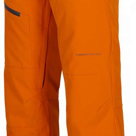 Obermeyer Force Insulated Pants 2024 - A pair of orange insulated pants with black buttons on the waistband and a small pocket on the right thigh.