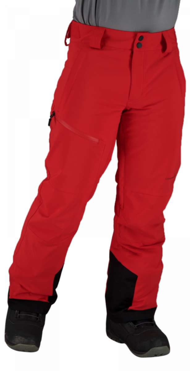 Obermeyer Force Insulated Pants Short 2022 - A pair of red insulated ski pants with black accents on the side pockets and lower legs.