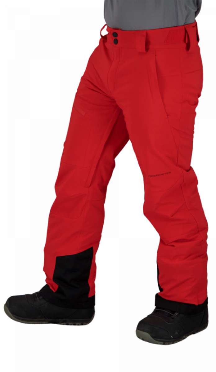 Obermeyer Force Insulated Pants Short 2022 - A pair of red insulated pants with black accents on the side pockets and a black logo patch near the right hip.