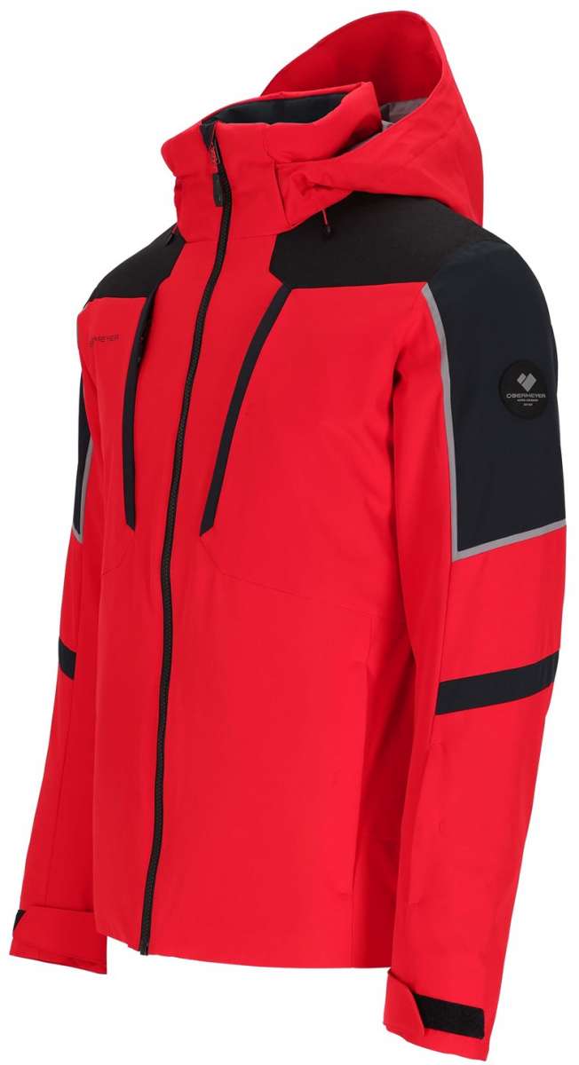 Obermeyer Foundation Insulated Jacket Tall 2024 - A red insulated jacket with a hood, featuring black accents and reflective trim on the shoulders.