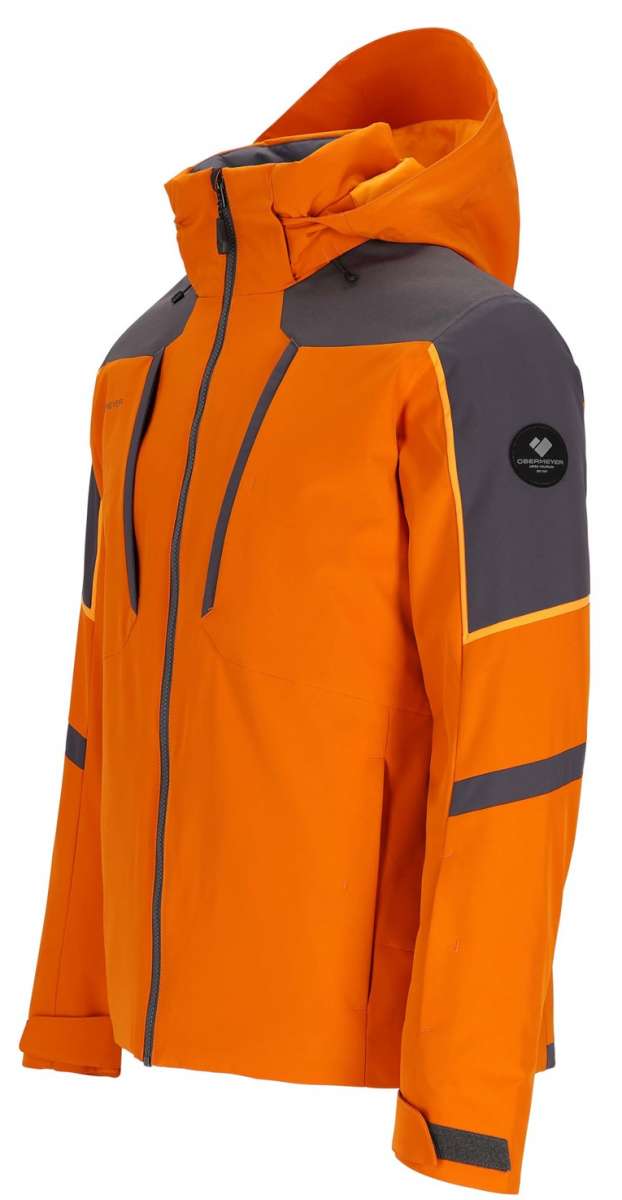 Obermeyer Foundation Insulated Jacket Tall 2024 - A bright orange jacket with a gray hood and gray accents on the shoulders, chest, and elbows.