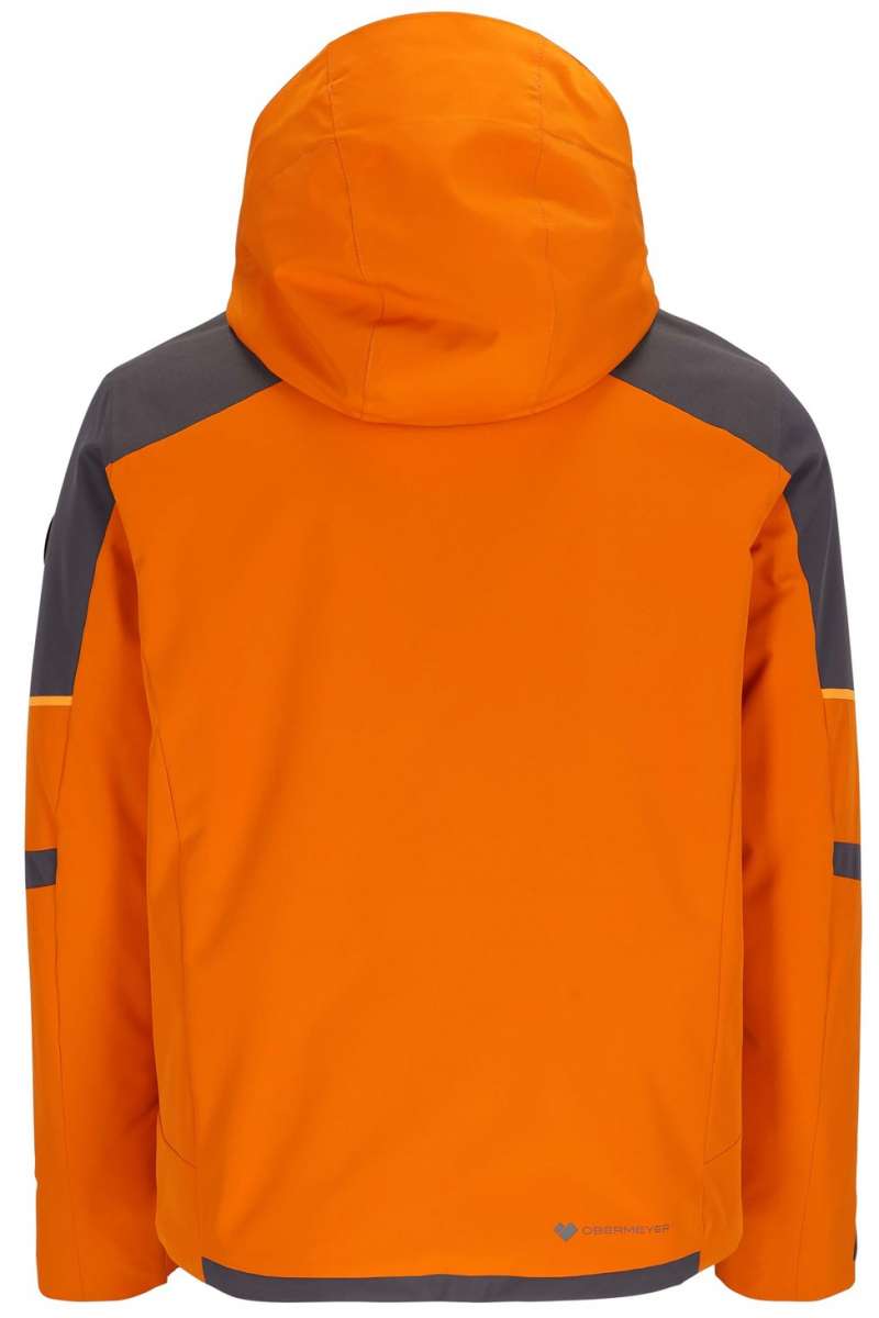Obermeyer Foundation Insulated Jacket Tall 2024 - A bright orange jacket with a hood, featuring gray accents on the shoulders and sleeves.