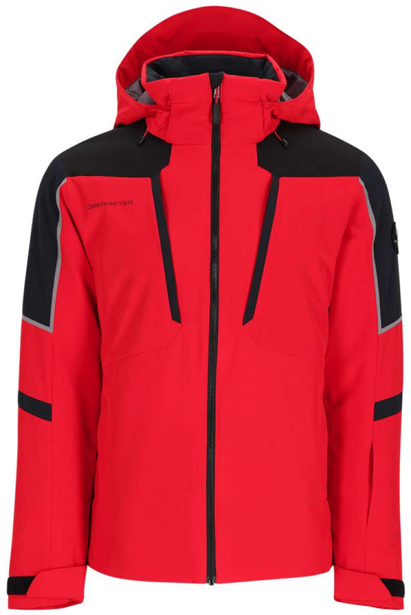 Obermeyer Foundation Insulated Jacket Tall 2024 - A red and black insulated jacket with a hood, featuring reflective trim on the shoulders.