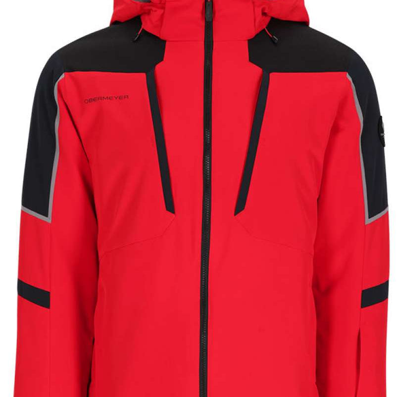 Obermeyer Foundation Insulated Jacket Tall 2024 - A red and black insulated jacket with a hood, featuring reflective trim on the shoulders.