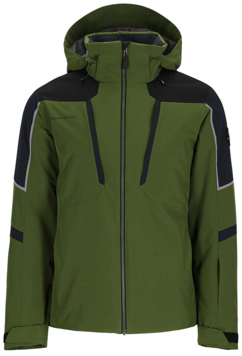 Obermeyer Foundation Insulated Jacket Tall 2024 - A green and black insulated jacket with a hood, featuring reflective trim on the shoulders.