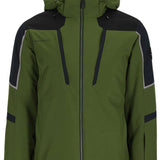 Obermeyer Foundation Insulated Jacket Tall 2024 - A green and black insulated jacket with a hood, featuring reflective trim on the shoulders.