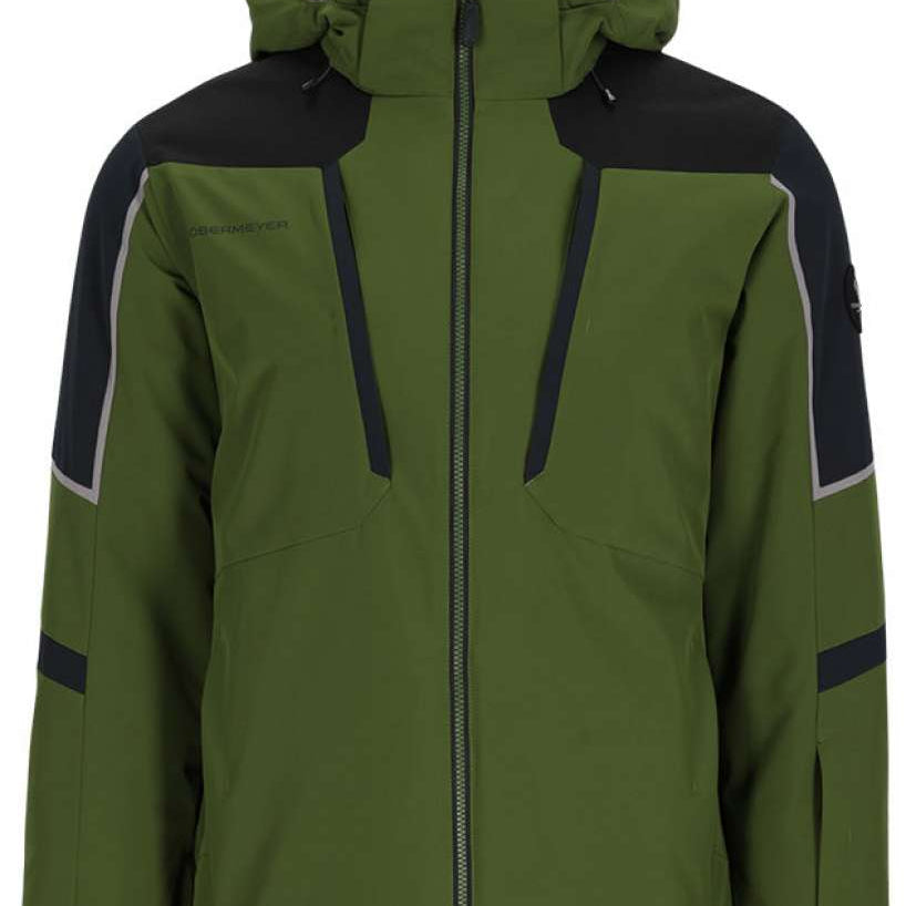 Obermeyer Foundation Insulated Jacket Tall 2024 - A green and black insulated jacket with a hood, featuring reflective trim on the shoulders.