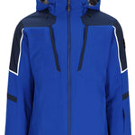 Obermeyer Foundation Insulated Jacket Tall 2024 - A blue and navy insulated jacket with a hood, featuring white accents on the shoulders and chest.