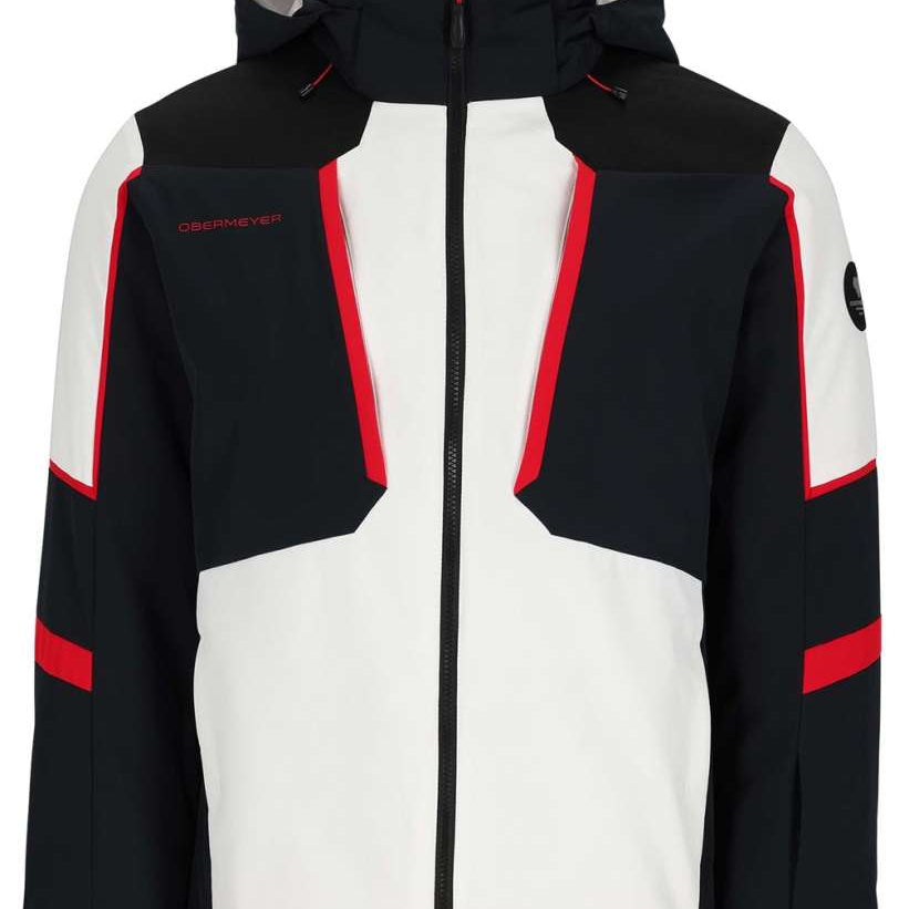 Obermeyer Foundation Insulated Jacket Tall 2024 - A black and white insulated jacket with red accents on the shoulders, chest, and sleeves.