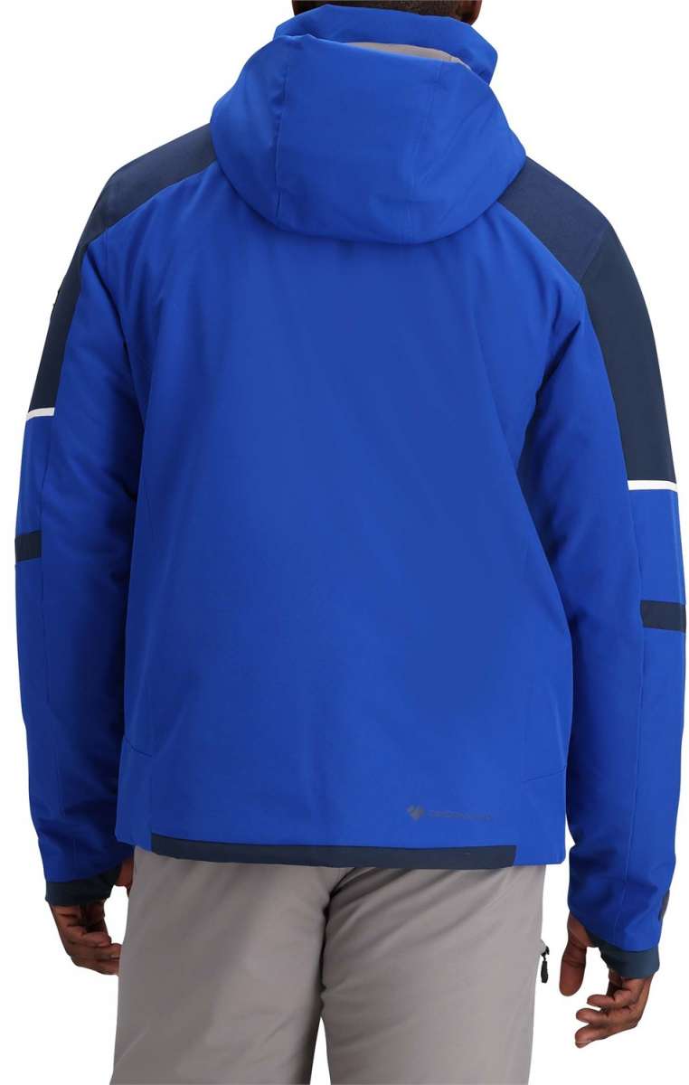 Obermeyer Foundation Insulated Jacket Tall 2024 - A blue jacket with a hood, featuring navy shoulder panels and white stripe accents on sleeves.