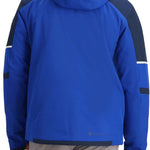 Obermeyer Foundation Insulated Jacket Tall 2024 - A blue jacket with a hood, featuring navy shoulder panels and white stripe accents on sleeves.
