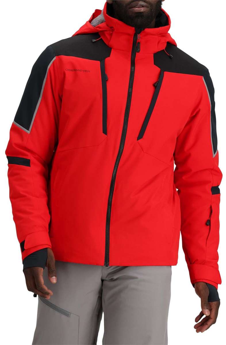 Obermeyer Foundation Insulated Jacket Tall 2024 - A red insulated jacket with a black shoulder panel and gray accents on sleeves.