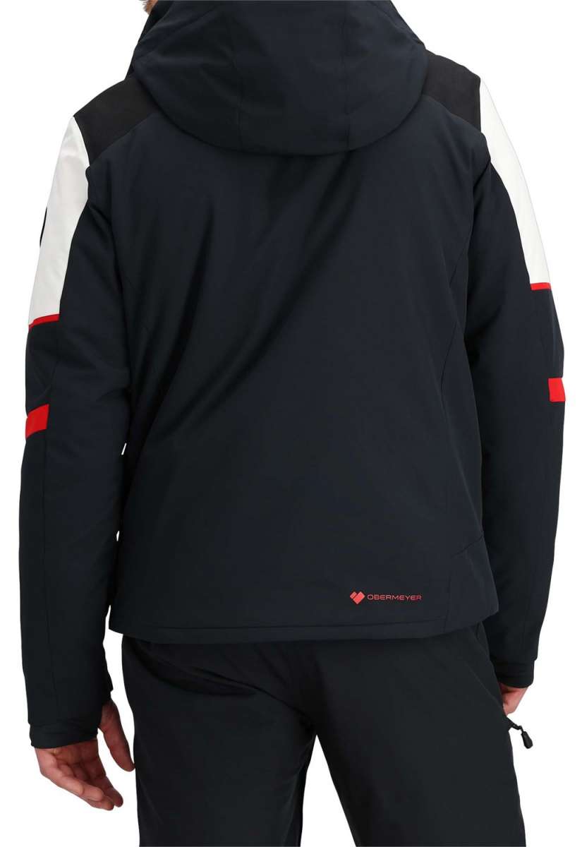 Obermeyer Foundation Insulated Jacket Tall 2024 - A black insulated jacket with a hood, featuring red accents on the shoulders and chest.