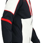 Obermeyer Foundation Insulated Jacket Tall 2024 - A black and white insulated jacket with red trim, worn by a model from the side.