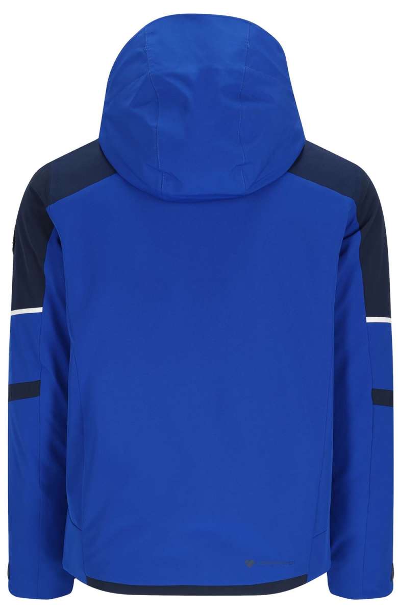 Obermeyer Foundation Insulated Jacket Tall 2024 - A royal blue jacket with navy shoulders and a hood, featuring two zippered pockets on the front.