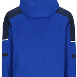 Obermeyer Foundation Insulated Jacket Tall 2024 - A royal blue jacket with navy shoulders and a hood, featuring two zippered pockets on the front.
