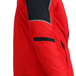 Obermeyer Foundation Insulated Jacket Tall 2024 - A red jacket with a gray hood and black trim, worn by a model from the waist up against a white background.
