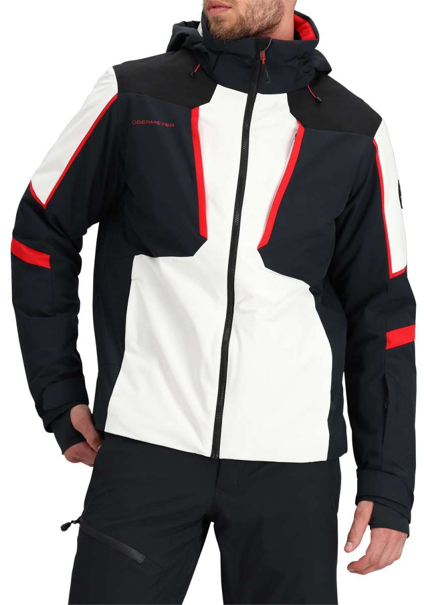 Obermeyer Foundation Insulated Jacket Tall 2024 - A black insulated jacket with red accents and a white logo on the chest.