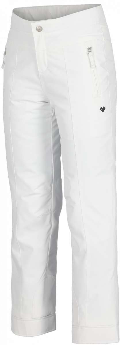Obermeyer Girls Brooke Insulated Pants 2024 - White snow pants with a small black logo on the left thigh and silver zipper pull on the right pocket.