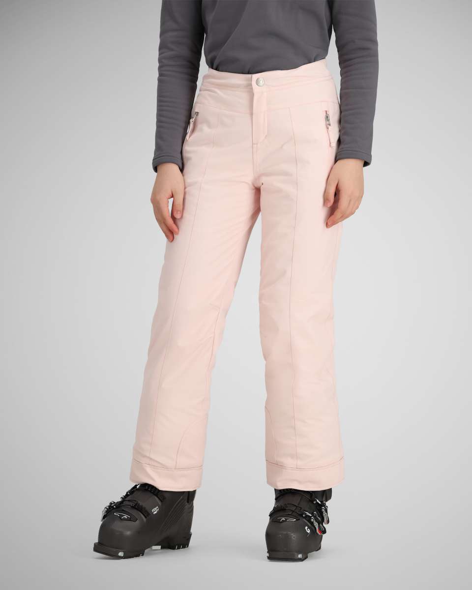 Obermeyer Girls Brooke Insulated Pants 2024 - Light pink snow pants with zippered pockets and adjustable cuffs.
