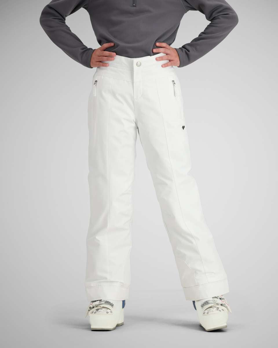 Obermeyer Girls Brooke Insulated Pants 2024 - White snow pants with zippered pockets and adjustable cuffs.