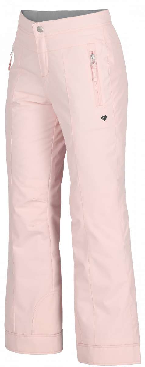 Obermeyer Girls Brooke Insulated Pants 2024 - Light pink snow pants with a small zippered pocket on the right thigh and two zippered pockets at the waist.
