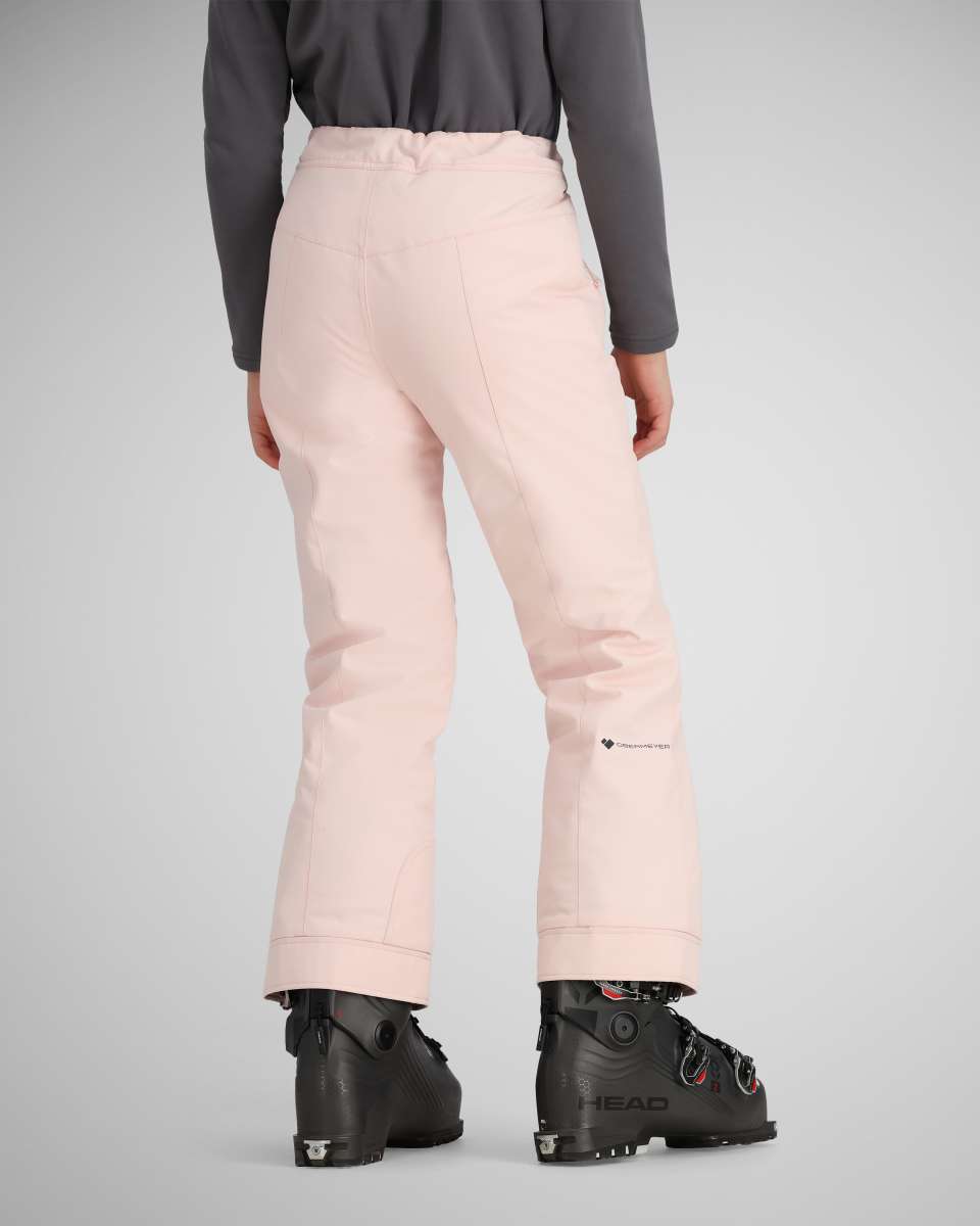 Obermeyer Girls Brooke Insulated Pants 2024 - Light pink snow pants with a subtle pattern of darker pink stripes on the side seams and pockets.
