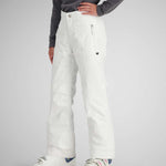 Obermeyer Girls Brooke Insulated Pants 2024 - White snow pants with a small black logo on the left thigh and silver zipper pull.