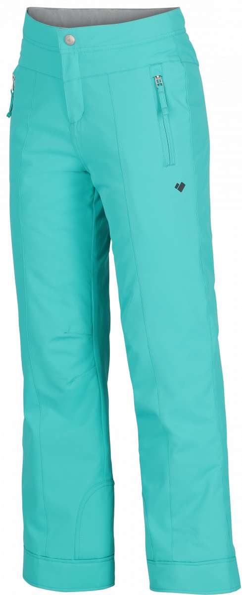 Obermeyer Girls Brooke Insulated Pants 2024 - A pair of light blue snow pants with a zippered pocket on the side and adjustable Velcro straps at the waist.