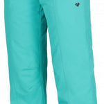 Obermeyer Girls Brooke Insulated Pants 2024 - A pair of light blue snow pants with a zippered pocket on the side and adjustable Velcro straps at the waist.