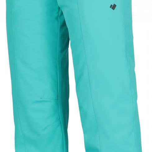 Obermeyer Girls Brooke Insulated Pants 2024 - A pair of light blue snow pants with a zippered pocket on the side and adjustable Velcro straps at the waist.