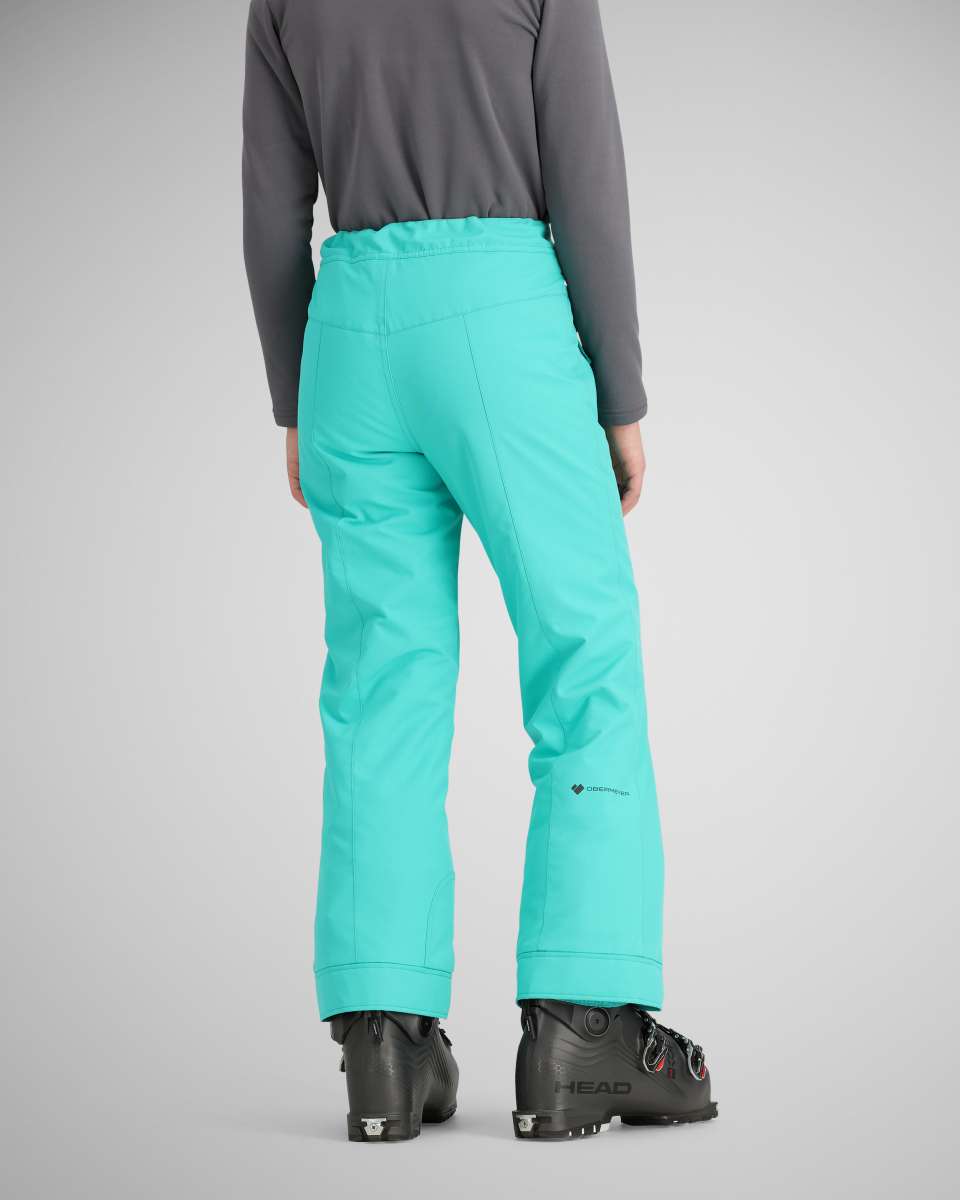 Obermeyer Girls Brooke Insulated Pants 2024 - Bright turquoise snow pants with a subtle white stripe pattern on the side of each leg.