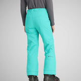 Obermeyer Girls Brooke Insulated Pants 2024 - Bright turquoise snow pants with a subtle white stripe pattern on the side of each leg.