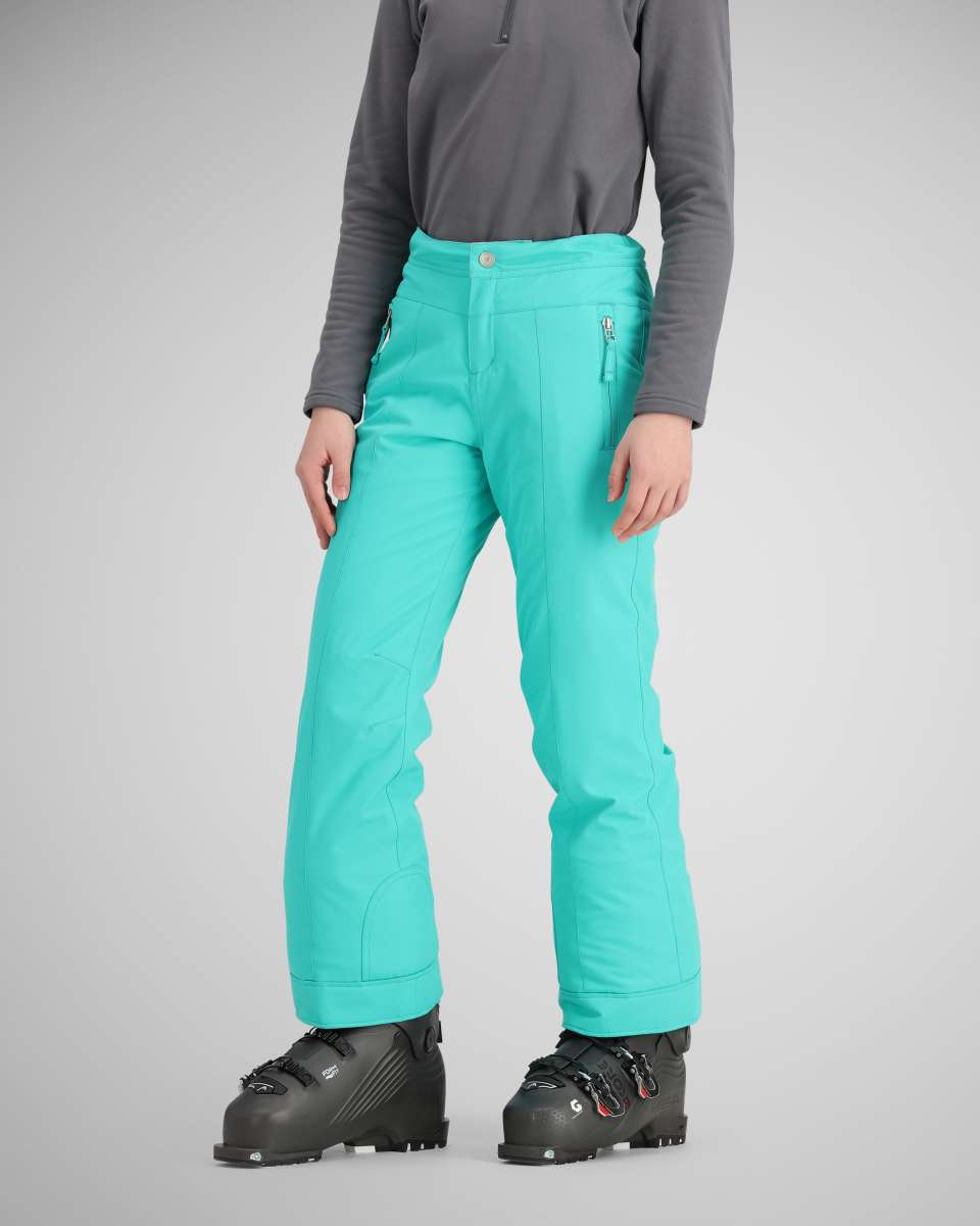 Obermeyer Girls Brooke Insulated Pants 2024 - Bright turquoise snow pants with zippered pockets and adjustable cuffs.