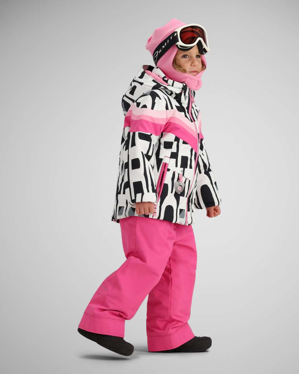Obermeyer Girls Cara Mia Insulated Jacket 2024 - A black and white abstract patterned jacket with pink stripes, worn by a young girl.