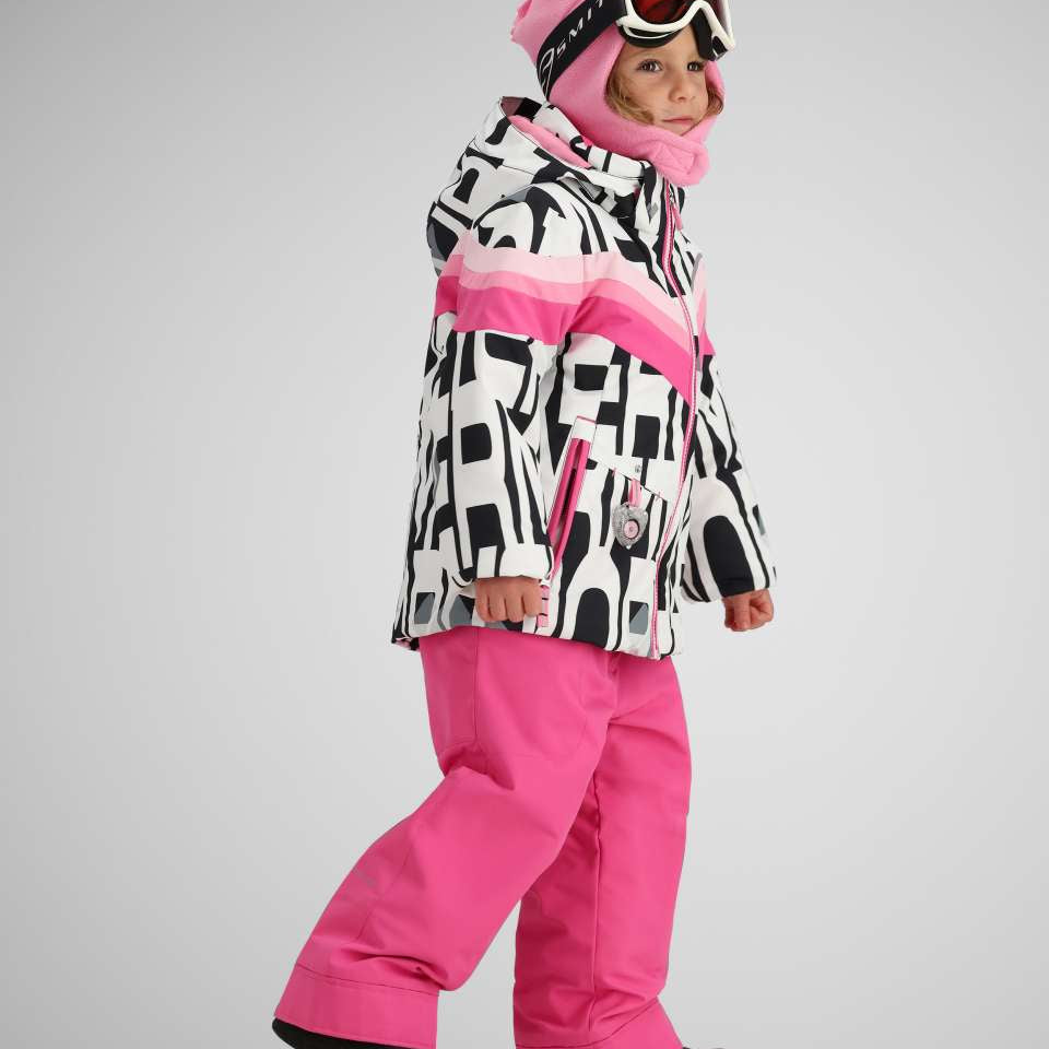 Obermeyer Girls Cara Mia Insulated Jacket 2024 - A black and white abstract patterned jacket with pink stripes, worn by a young girl.