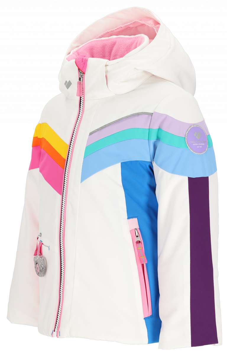 Obermeyer Girls Cara Mia Insulated Jacket 2024 - A white jacket with a rainbow stripe across the chest and shoulder area.