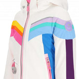 Obermeyer Girls Cara Mia Insulated Jacket 2024 - A white jacket with a rainbow stripe across the chest and shoulder area.