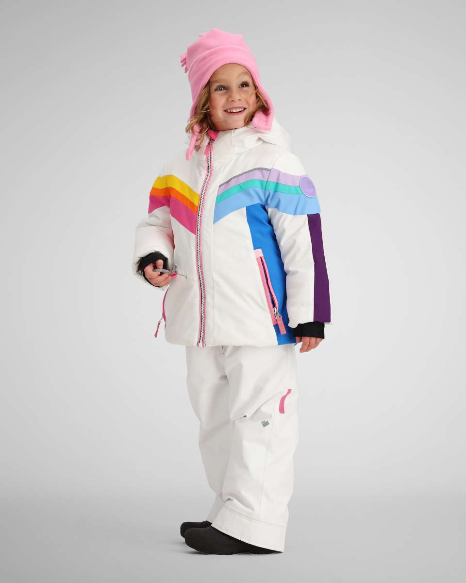 Obermeyer Girls Cara Mia Insulated Jacket 2024 - A white jacket with a rainbow stripe across the chest and shoulder area.