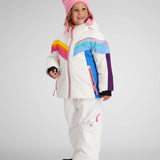 Obermeyer Girls Cara Mia Insulated Jacket 2024 - A white jacket with a rainbow stripe across the chest and shoulder area.