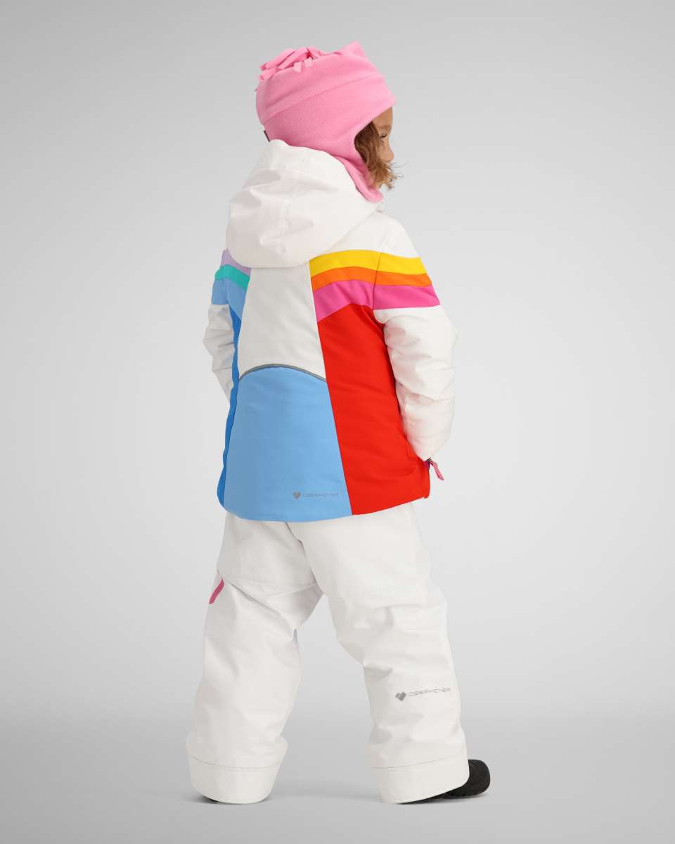 Obermeyer Girls Cara Mia Insulated Jacket 2024 - A white jacket with a multicolored stripe pattern on the upper back and sleeves.