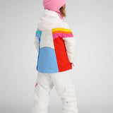 Obermeyer Girls Cara Mia Insulated Jacket 2024 - A white jacket with a multicolored stripe pattern on the upper back and sleeves.